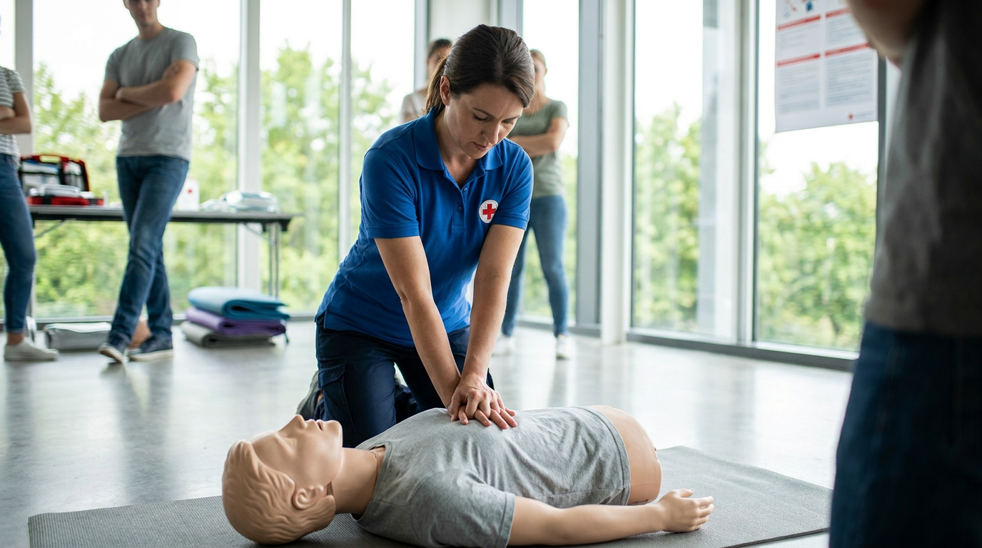 First aid instructor performing CPR compressions on a training manikin